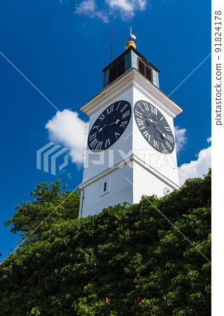 Clock tower at Petrovaradin Fortress in Novi Sad, Serbia 91824178