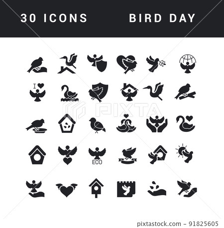 Collection of vector black and white icons of bird day in simple design for mobile concepts, web and applications. Set modern logos and pictograms. 91825605