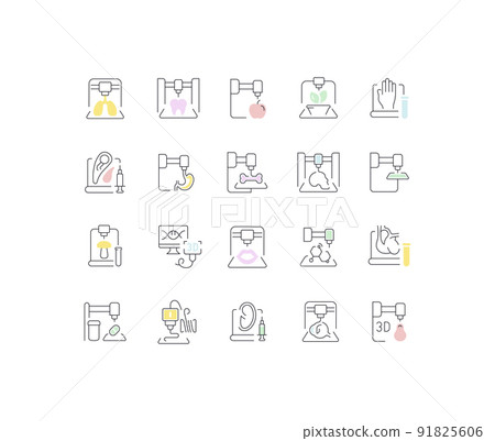 Set of outline signs and symbols of 3d bioprinting. Collection vector thin line icons and infographics elements. Simple linear pictogram pack for web graphics and apps. Set of outline signs and symbols of 3d bioprinting. Collection vector thin line icons and infographics elements. Simple linear pictogram pack for web graphics and apps. 91825606