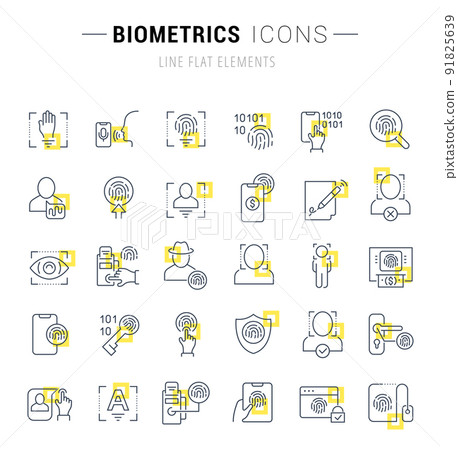 Set of vector line icons and signs with yellow squares of biometrics for excellent concepts. Set of vector line icons and signs with yellow squares of biometrics for excellent concepts. 91825639