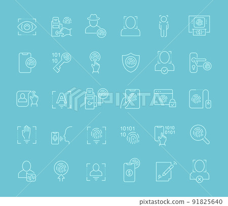 Collection of line white icons of biometrics. Set of vector simple elements with bold outlines on a color background. Info graphics signs and pictograms. 91825640