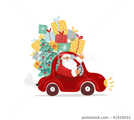 Modern Santa Claus in a car with a bunch of gifts and a Christmas tree. Funny and cute christmas character for design, card, banner. Flat cartoon vector winter holiday illustration isolated on white Modern Santa Claus in a car with a bunch of gifts and a Christmas tree. Funny and cute christmas character for design, card, banner. Flat cartoon vector winter holiday illustration isolated on white 91826032