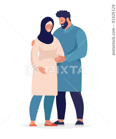 Arab man hugging a pregnant woman in hijab, pregnancy in a muslim couple. Maternity and parenthood icon, flat cartoon vector illustration isolated. Arab man hugging a pregnant woman in hijab, pregnancy in a muslim couple. Maternity and parenthood icon, flat cartoon vector illustration isolated. 91826128