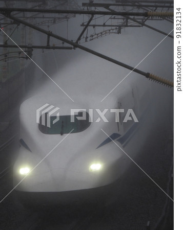 Shinkansen N700S J30 formation test run near Yamashina in the downpour 91832134