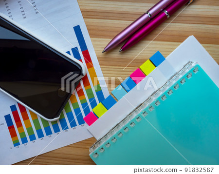 Business image of graphs, documents, notebooks, smartphones (female) 91832587