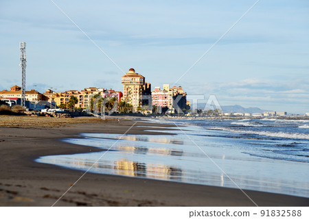 Alboraya beach with colourful house in Port Saplaya, Valencia, Spain. 91832588