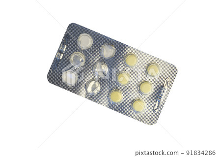 Blister with bright pills isolated on white, top view Blister with bright pills isolated on white, top view 91834286