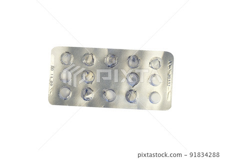 Blister with bright pills isolated on white, top view 91834288