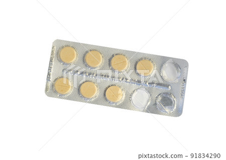 Blister with bright pills isolated on white, top view Blister with bright pills isolated on white, top view 91834290