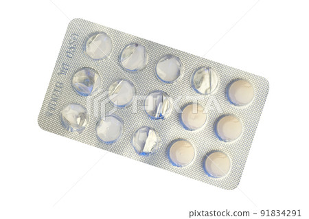 Blister with bright pills isolated on white, top view Blister with bright pills isolated on white, top view 91834291