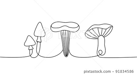 Set of Mushroom one line continuous drawing. Mushroom continuous one line set illustration. Vector minimalist linear illustration 91834586
