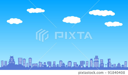 Illustration: Osaka Castle and townscape silhouette noon Illustration: Osaka Castle and townscape silhouette noon 91840408