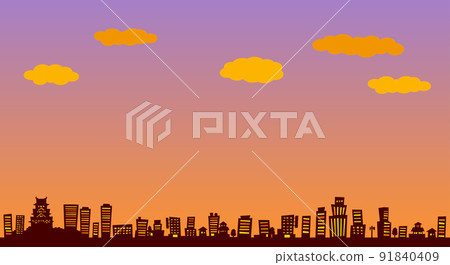 Illustration: Osaka Castle and townscape silhouette Morning and evening Illustration: Osaka Castle and townscape silhouette Morning and evening 91840409