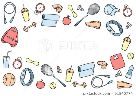 Sports doodle icon set concept. Design elements of a sports invert, a healthy lifestyle. Vector illustration 91840774
