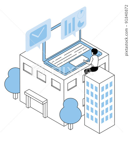 辦公室工作人員在辦公室使用筆記本電腦的等距圖像 91840872