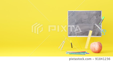 School stationery items on yellow background with free space for text. Creative, colourful background with school supplies. Banner with copy space. Ruler, pencil, scissors, apple. 3D rendering. 91841236