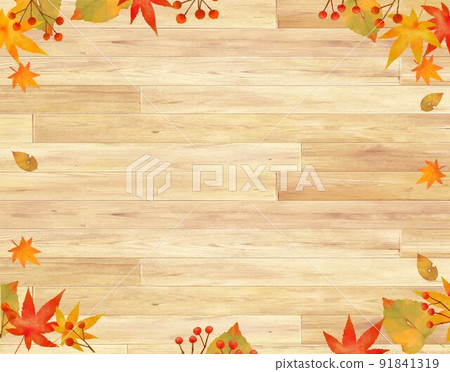 Fashionable wallpaper background material of autumn leaves and nuts on a wood grain board with warm colors 91841319