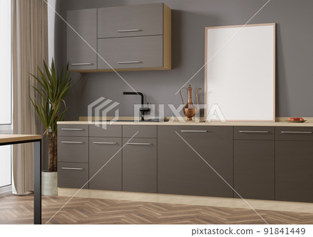 Empty vertical picture frame standing in modern kitchen. Mock up interior in contemporary style. Free, copy space for your picture, poster. Kitchen, plant, parquet floor. 3D rendering. 91841449