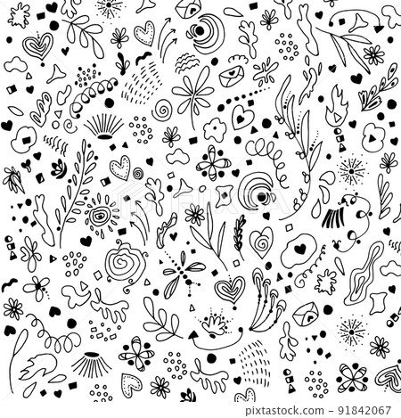 Set of vector illustrations of abstract nature organic geometric shapes, spots. Floral elements, heart art leaf plants and doodle stripe, cartoon design collection isolated on white. Set of vector illustrations of abstract nature organic geometric shapes, spots. Floral elements, heart art leaf plants and doodle stripe, cartoon design collection isolated on white. 91842067