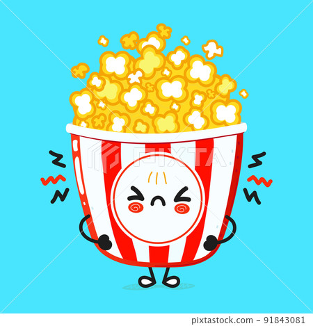 Cute angry popcorn character. Vector hand drawn cartoon kawaii character illustration icon. Isolated on blue background. Sad popcorn character concept Cute angry popcorn character. Vector hand drawn cartoon kawaii character illustration icon. Isolated on blue background. Sad popcorn character concept 91843081