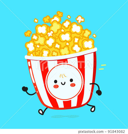 Cute funny running popcorn. Vector hand drawn cartoon kawaii character illustration icon. Isolated on blue background. Run popcorn concept Cute funny running popcorn. Vector hand drawn cartoon kawaii character illustration icon. Isolated on blue background. Run popcorn concept 91843082