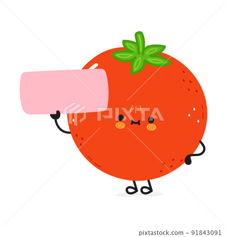Cute funny tomato character with poster. Vector hand drawn cartoon kawaii character illustration icon. Isolated on white background. Tomato character concept Cute funny tomato character with poster. Vector hand drawn cartoon kawaii character illustration icon. Isolated on white background. Tomato character concept 91843091