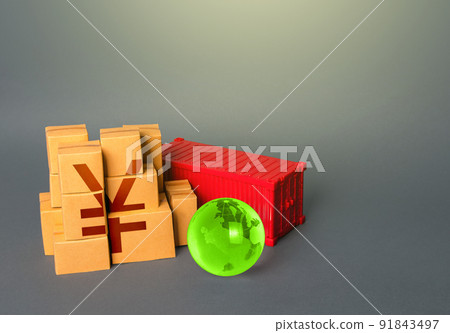 Boxes of goods and chinese yuan or japanese yen symbol. Production, warehousing storage and shipping logistics worldwide. World trade economy. Manufacture products. Markets. Business globalization 91843497