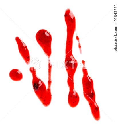 Strawberry jam drizzle isolated on white background. Splashes of berry confiture. Top view. Strawberry jam drizzle isolated on white background. Splashes of berry confiture. Top view. 91843881