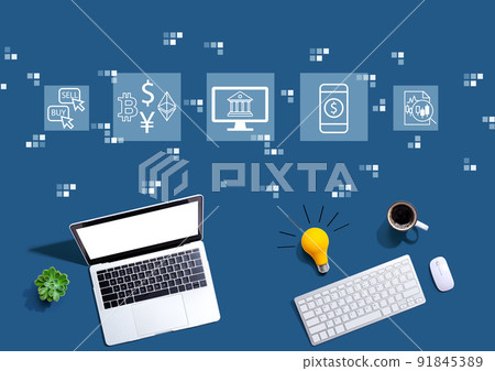 Cryptocurrency fintech theme with computers with a light bulb Cryptocurrency fintech theme with computers with a light bulb 91845389