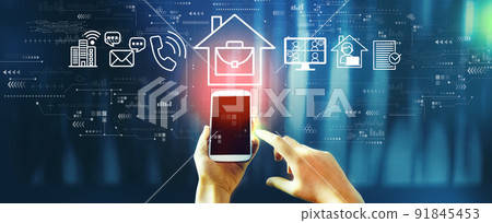 Telework theme with person using smartphone Telework theme with person using smartphone 91845453