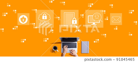 Data protection concept with person working with laptop 91845465