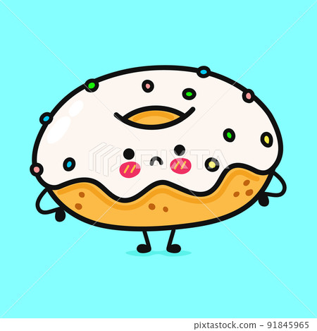 Cute angry Donut character. Vector hand drawn cartoon kawaii character illustration icon. Isolated on blue background. Sad Donut character concept 91845965