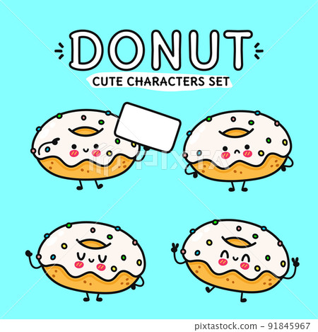 Funny cute happy donut characters bundle set. Vector hand drawn doodle style cartoon character illustration icon design. Isolated on blue background. Cute donut mascot character collection 91845967