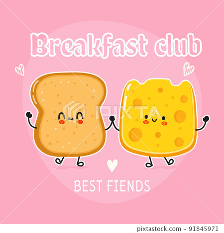 Cute happy toast and cheese card. Vector hand drawn doodle style cartoon character illustration icon design. Happy bread and cheese friends concept card 91845971