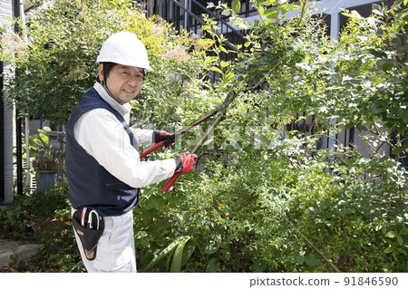 A landscaping worker who cuts branches of a smiling garden tree 91846590