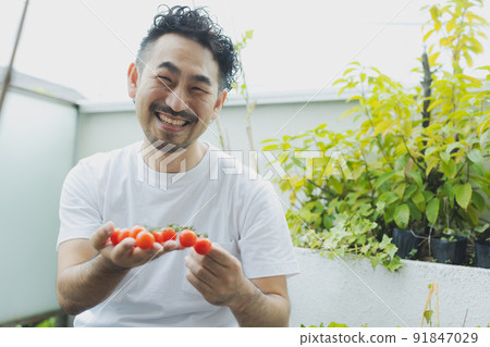 Veranda vegetable garden, bearded man 91847029