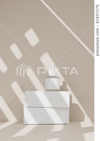 Glass bottle with pipet and box on beige. 3d render background. Props to show cosmetics. 91847278