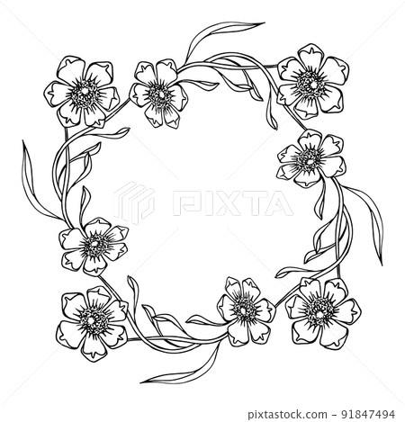floral square frame, hand drawn doodle vector for invitations, posters, postcards in art nouveau style. floral square frame, hand drawn doodle vector for invitations, posters, postcards in art nouveau style. 91847494