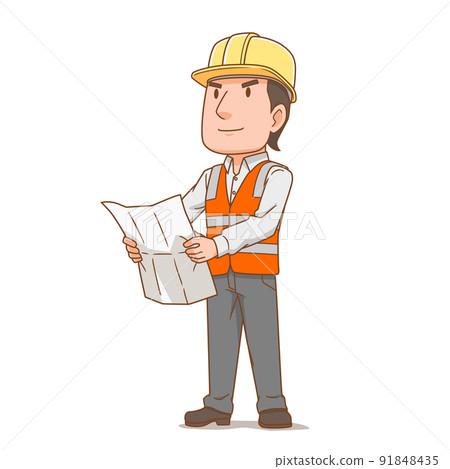 Cartoon character of engineer man holding plan paper. Cartoon character of engineer man holding plan paper. 91848435