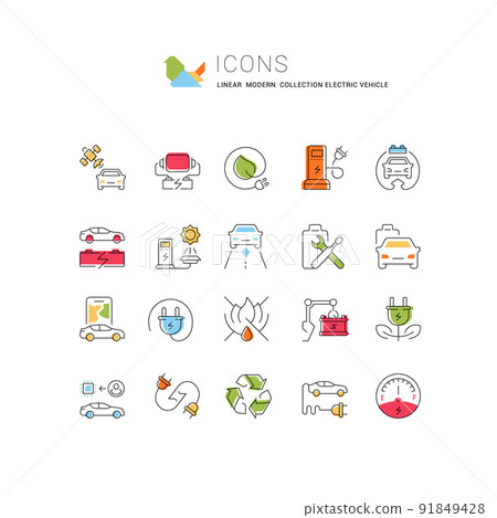 Set Vector Line Icons of Electric Vehicle. Set Vector Line Icons of Electric Vehicle. 91849428
