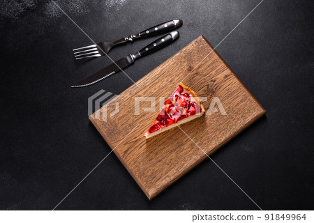 Delicious strawberry tart on concrete background, top view, copy space 91849964