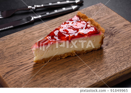 Delicious strawberry tart on concrete background, top view, copy space 91849965