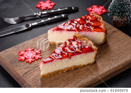 Delicious christmas strawberry tart on concrete background, top view, copy space 91849979