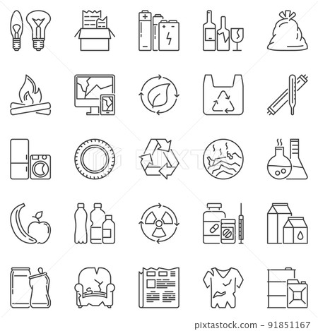 Garbage Types outline icons set - Waste Sorting vector symbols 91851167