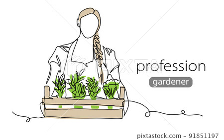 Girl holds greenery in a box. Vector background, banner, poster. One continuous line art drawing illustration of box with greenery,herbs 91851197
