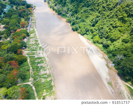 The beautiful landscape of the countryside of Chiang Rai province with Mae Kok river. High angle view from drone. 91851737