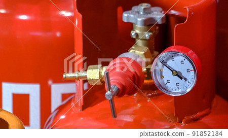 Close-up of large red ballong with pressure indicator. Close-up of large red ballong with pressure indicator. 91852184