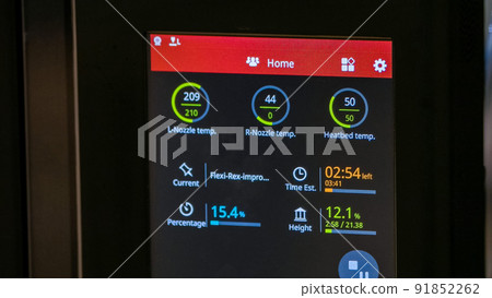 Close-up working digital 3d printer display with parameters. Close-up working digital 3d printer display with parameters. 91852262