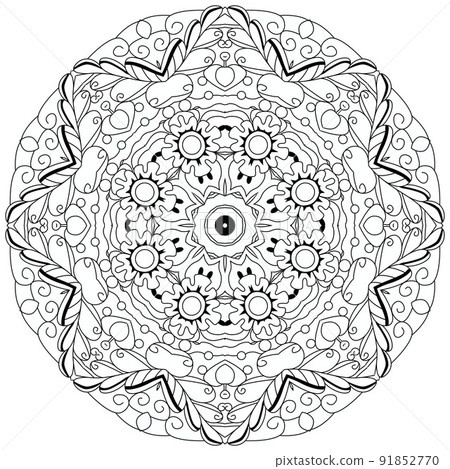 Hand drawn zentangle circular ornament for coloring page. 91852770