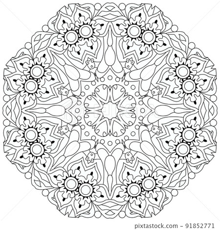 Hand drawn zentangle circular ornament for coloring page. Hand drawn zentangle circular ornament for coloring page. 91852771